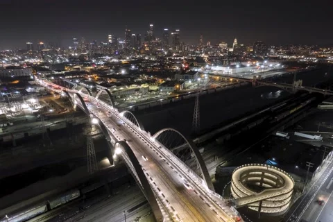 Aerial Hyperlapse of 6th St Viaduct Bridge Time Lapse towards Downtown LA Stock Footage 202235722