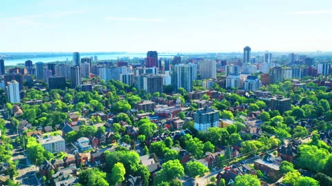 Aerial hyperlapse approaching Hamilton, Ontario, Canada city center 4K Stock Footage 229646924