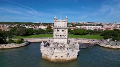 Aerial Hyperlapse of Belem Tower in Lisbon, Portugal Stock Footage 221513722