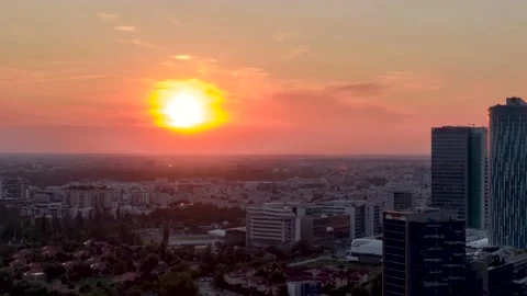 Aerial Hyperlapse Of Bucharest City Skyline Business District At Sunset Stock Footage 157153496
