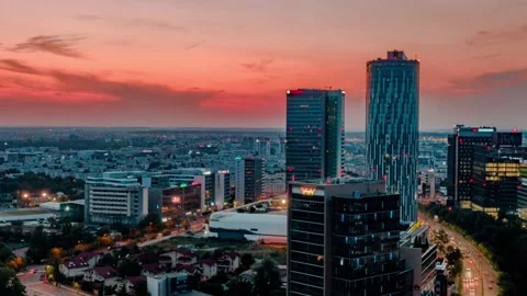 Aerial Hyperlapse Of Bucharest City Skyline Business District At Sunset Stock Footage 157153513