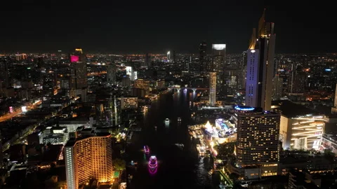 Aerial Hyperlapse Of Chao Phraya River Bangkok City Thailand At Night. Video stock 223725500