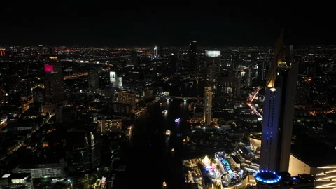 Aerial Hyperlapse Of Chao Phraya River Bangkok City Thailand At Night. Stock-Footage 223907918