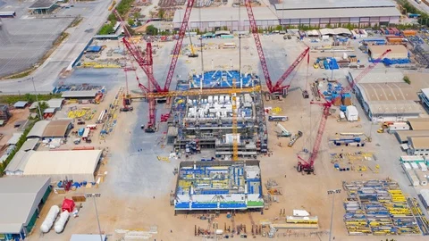 Aerial Hyperlapse. The construction site at the beginning of industrial building Stock Footage 125889098