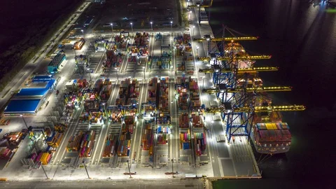 Aerial Hyperlapse Container ships in the harbor with bridges Crane  Stock Footage 116035991