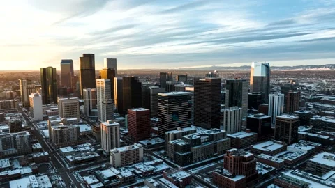 Aerial hyperlapse of Denver, Colorado on a cold winter morning with snow Stock Footage 229846191
