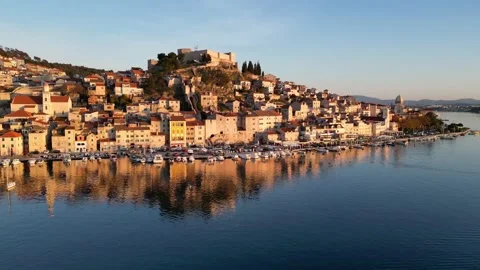 Aerial Hyperlapse drone view of Sibenik town in Croatia Stock Footage 229957931