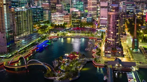 Aerial hyperlapse, dronelapse video of Elizabeth Quay of Perth city at night Stock Footage 237430035