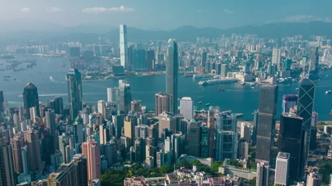 Aerial hyperlapse, dronelapse video of Hong Kong city in daytime Stock Footage 249042425