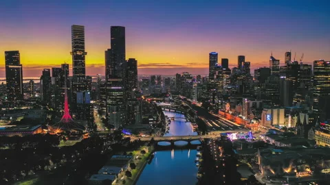 Aerial hyperlapse, dronelapse video of Melbourne city at night Stock Footage 166659936