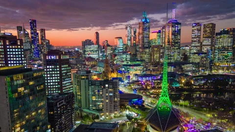 Aerial hyperlapse, dronelapse video of Melbourne city at night Stock Footage 201835166