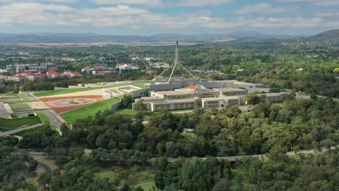 Aerial hyperlapse, dronelapse video of Parliament of Australia in Canberra Stock Footage 184740887