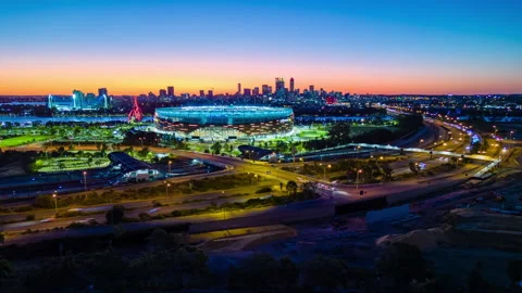 Aerial hyperlapse, dronelapse video of Perth city in Australia at night Stock Footage 237600323