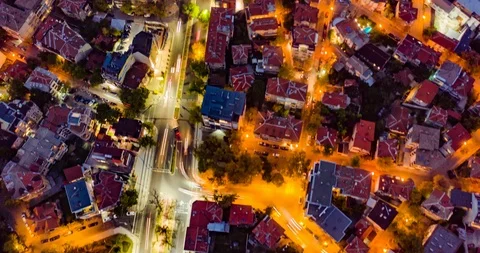 Aerial Hyperlapse Flight Over Night City Europe Technology Society Digital Stock Footage 97702325
