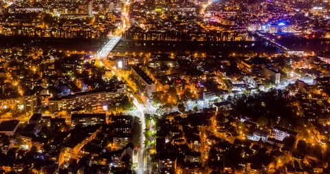 Aerial Hyperlapse Flight Over Night City Downtown Technology Society Digital Stock Footage 97704552