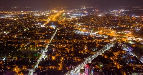 Aerial Hyperlapse Flight Over Night City Skyline Financial District Technology Stock Footage 97704594