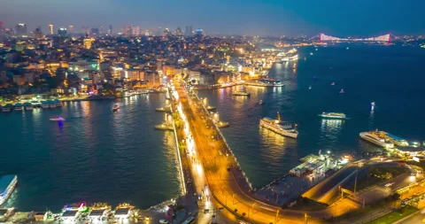 Aerial Hyperlapse of Galata Bridge at sunset, traffic lights Stock Footage 201158143
