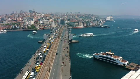 Aerial Hyperlapse of Galata Bridge at sunset, traffic lights Stock Footage 201531758