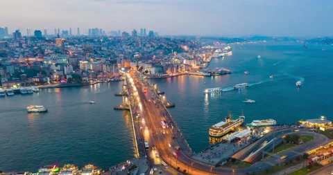 Aerial Hyperlapse of Galata Bridge at sunset, traffic lights Stock Footage 219497347