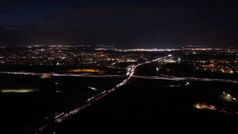 Aerial Hyperlapse of Highway at Night Stock Footage 299754200