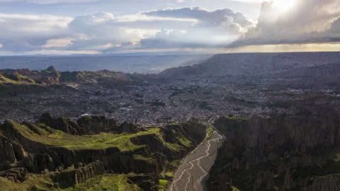 Aerial Hyperlapse: La Paz, Bolivia Seen from Rugged Valle de las Animas Spires Stock Footage 314931315