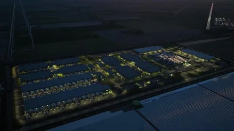 Aerial hyperlapse of a large data center in The Netherlands at sunset. Stock Footage 274587702