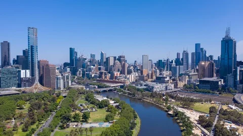 Aerial hyperlapse of Melbourne CBD along with Yarra River, Australia Video stock 123342215