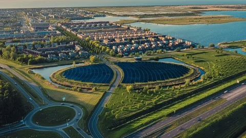 Aerial Hyperlapse of Modern Sustainable Neighbourhood powered by Solar Energy Stock Footage
