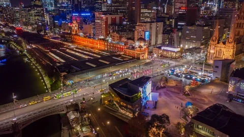 Aerial hyperlapse of night Melbourne CBD along with Yarra River, Australia Stock Footage 115381531