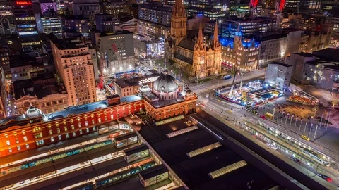 Aerial hyperlapse of night Melbourne CBD along with Yarra River, Australia Stock Footage 115381690