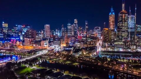 Aerial hyperlapse of night Melbourne CBD along with Yarra River, Australia Stock Footage 115383051