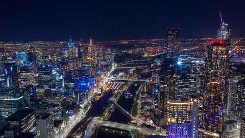 Aerial hyperlapse of night Melbourne CBD along with Yarra River, Australia Video stock 118619266
