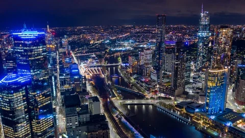 Aerial hyperlapse of night Melbourne CBD along with Yarra River, Australia Video stock 118619289