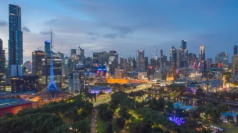 Aerial hyperlapse of night Melbourne CBD along with Yarra River, Australia Stock Footage 123342166