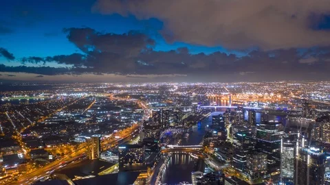 Aerial hyperlapse of night Melbourne CBD along with Yarra River, Australia Stock Footage 123350455