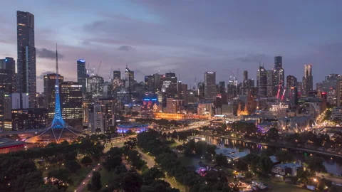 Aerial hyperlapse of night Melbourne CBD along with Yarra River, Australia Stock Footage 156311850