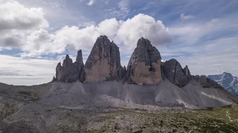 Aerial hyperlapse orbiting the Tre Cime di Lavaredo peaks, Dolomites Stock Footage 346288930