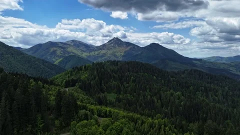 Aerial Hyperlapse Over Lush Green Mountain Forests and Peaks Stock Footage 313594767
