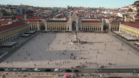 Aerial hyperlapse of pedestrians at Praca do Comercio in Lisbon Stock Footage 219011740