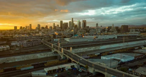 Aerial hyperlapse push into Downtown Los Angeles with clouds Stock Footage 148249424