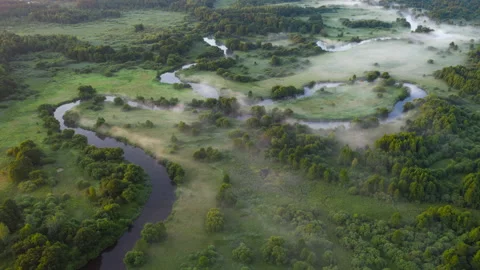 Aerial hyperlapse river flows through meadow and forest. Misty dawn, time-lapse Video stock 133917142