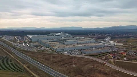 Aerial hyperlapse of Samsung SDI’s lithium-ion battery plant and nearby M2 Stock Footage 333434982