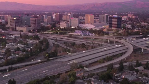 Aerial Hyperlapse Of The San Jose city skyline at sunset Stock Footage 162381353