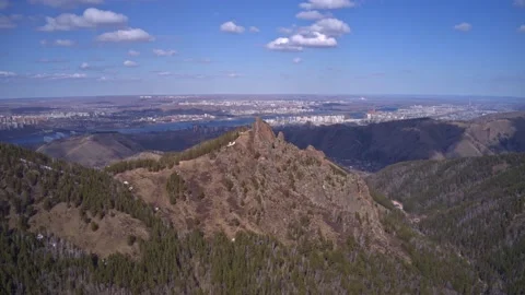 Aerial hyperlapse of spring Siberian city Krasnoyarsk Russia. Rocks and forest Stock-Footage 152851297