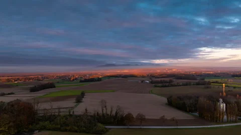 Aerial Hyperlapse of Sunset Over Alsace Countryside and Vosges Mountains Stock Footage 292194414