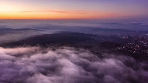 Aerial Hyperlapse at Sunset over Feleacu, near Cluj-Napoca Stock Footage 143708033