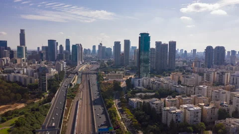Aerial hyperlapse of tel aviv skyline with urban skyscrapers, Israel Stock Footage 220105390