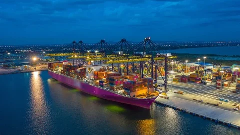 Aerial Hyperlapse Time lapse. Container ships in the harbor with bridges Crane  Stock Footage 112400137