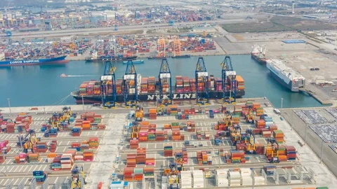 Aerial Hyperlapse Time lapse. Container ships in the harbor with bridges Crane Stock Footage 125942316