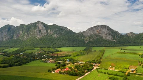 Aerial Hyperlapse Time lapse, High mountain views and the verdant farmland Video stock 112062904